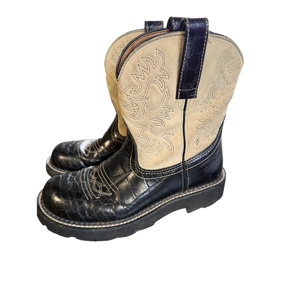 Ariat Fat Baby Black/Tan Crocodile Print Western Cowgirl Boots Leather 7.5 B